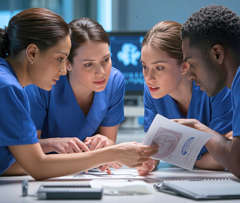 Student nurses having a discussion around a table