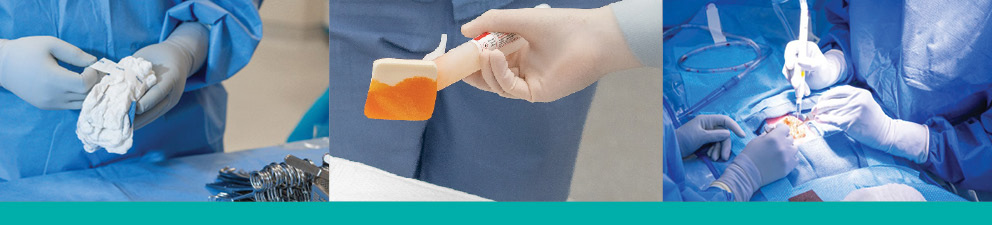 Workshop_Images_768x225 Images of gloved hands holding items used during a surgery and an image of a patient being worked on while they're on a table.