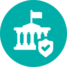 Graphic of building with a flag and a shield with a check mark.