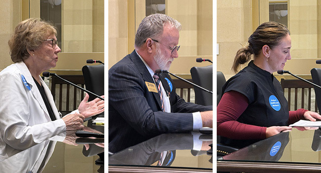 Brenda Ulmer, JD Buchert, and Katelynn Vaughn each speaking into microphones on a table.