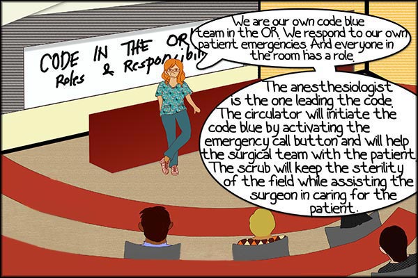 A nurse educator goes over the roles and responsibilities of those in an OR during a code blue
