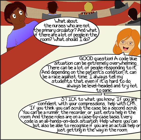 A nurse educator goes over the roles and responsibilities of those in an OR during a code blue