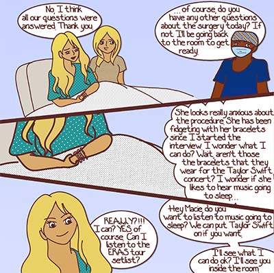 Three cartoon panels with a nurse talking to a patient