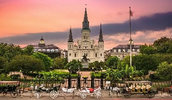 Historic building at sunset
